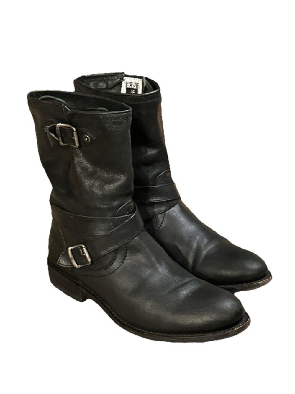 Frye Jayden Cross Engineer Moto Boots Womens Size 7.5 Black Leather Buckle Strap